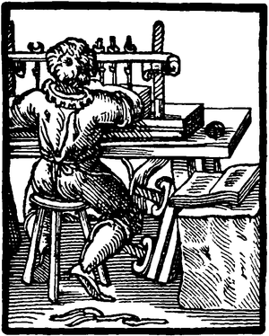 Cross-hatched illustration of a bookbinder at a desk working with a sewing press.