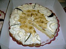 A banana cake garnished with sliced banana