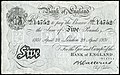 A Bank of England 1931-es kibocsátású fehér 5 fontosa Basil Gage Catterns főpénztáros (1929-1934) aláírásával.