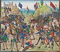Битва при Креси - Миниатюра из хроник Жана Фруассара, ок. 1470 г. На английских лучниках видны латные наколенники, а на одном - позолочённый салад, чисто кавалерийский шлем.