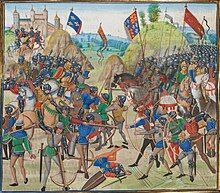 Красочное средневековое изображение битвы между французскими и английскими войсками.