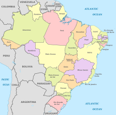 A map of Brazil, showing its twenty-six constituent states and the Federal District Brazil, administrative divisions (states) - en - colored.svg