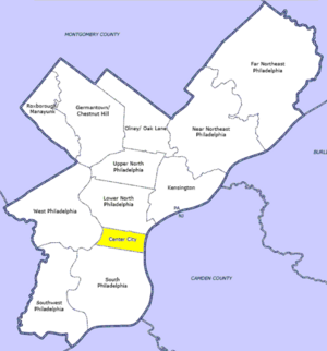 English: Map of Philadelphia County highlighti...
