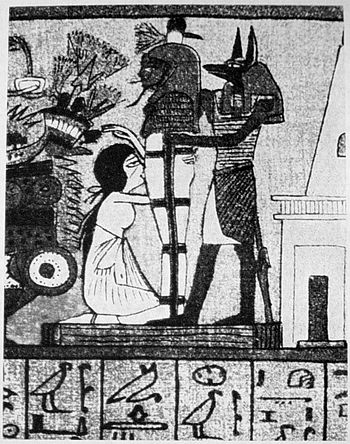 Isis réanime Osiris en effectuant une fellation, tandis qu'Anubis soutient la momie ; papyrus égyptien