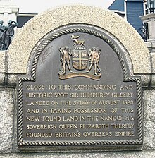 Plaque commemorating Sir Humphrey Gilbert's founding of the British Empire in St. John's, Newfoundland in 1583. Gilbert plaque.jpg