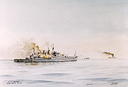 Акварель, що зображає битву. «Ексетер» (HMS Exeter, на передньому плані), «Ахіллес» (HMNZS Achilles, у центрі на задньому плані), «Адмірал граф Шпее» (справа на задньому плані).