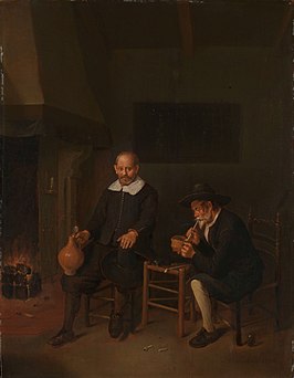 Interieur met twee mannen bij het vuur