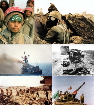 Слева направо: иранские дети-солдаты; иранский солдат в противогазе; американский фрегат USS Stark (FFG-31), по ошибке атакованный иракскими ВВС; боевики ОМИН, уничтоженные иранскими войсками в ходе операции «Мерсад»; иракские солдаты, взятые в плен в Хорремшехре; ЗУ-23-2 иранской армии