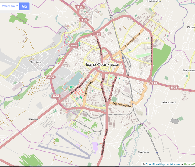 Mapa konturowa Iwano-Frankiwska, blisko centrum u góry znajduje się punkt z opisem „Kościół ormiański w Iwano-Frankiwsku”