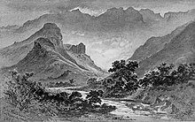 Etching of mountains and a river