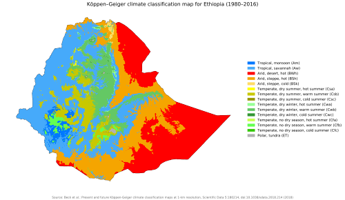 Current/past Köppen climate classification map for Ethiopia for 1980–2016