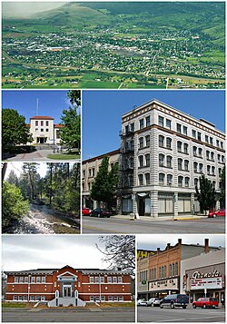 Clockwise: Aerial view of the city; the Foley Building; the Granada theater; Carnegie Library; Catherine Creek; Eastern Oregon University Pierce Library.