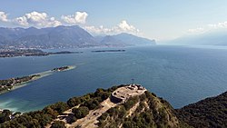 The view of the Rocca di Manerba del Garda and the Island of Rabbits.