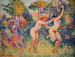 La fuite des nymphes, huile sur toile d'Henri-Edmond Cross (v. 1906, musée d'Orsay). (définition réelle 2 389 × 1 837)