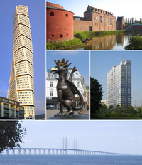 Från ovan vänster: Turning Torso, Malmöhus slott, gripskulpturen på Gustav Adolfs torg, Kronprinsen och Öresundsbron.