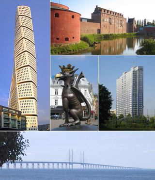 De cima da esquerda para a direita: Turning Torso, Castelo de Malmo, Escultura de um Grifo, Kronprinsen e a a ponte do Ore.