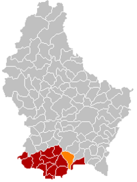 Map of Luxembourg with Roeser highlighted in orange, and the canton in dark red