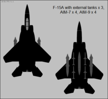 Diagram of the F-15A Eagle's weapon loadout McDonnell Douglas F-15A Eagle two-view silhouette showing external stores.png