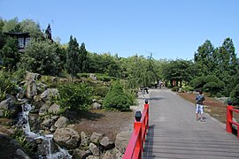 De tuin in het Japans gedeelte, met een brug gebouwd in Aziatische stijl