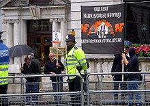National Front members protesting against growing legal recognition of LGBT rights at the London LGBT Pride march in 2007. The party has tried to protest against various Pride parades in the past. National Front protesting at London Gay Pride 2007.jpg