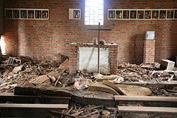 During the Rwandan genocide, over five-thousand people seeking refuge in the then Ntarama church were killed by grenade, machete, rifle, or burnt alive. Ntrama Church Altar.jpg