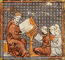 A French illustration of teaching from the late fourteenth century Philo mediev.jpg