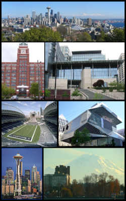 În sensul acelor de ceasornic: Centrul orașului Seattle de la nord, City Hall, Central Library, Mount Rainier, Space Needle, Qwest Field și Sediul Companiei Starbucks Coffee