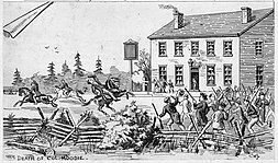 Drawing showing the fatal shooting of Col. Robert Moodie outside John Montgomery's tavern in Toronto on 4 December 1837 Shooting of Col. Robert Moodie in front of John Montgomery's tavern.jpg