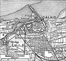 C19th map of Calais, showing coastal sands, fortifications and railway lines Situationsplan von Calais.jpg