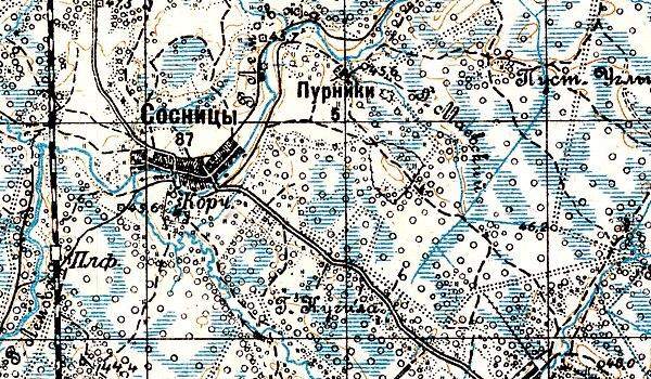 Деревня Сосницы на карте 1934 года