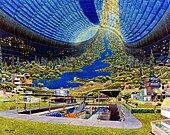 Project of an orbital colony Stanford torus, painted by Donald E. Davis Stanford Torus interior.jpg