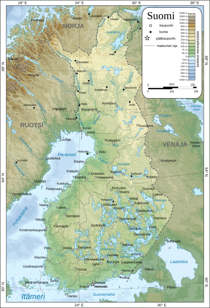 Suomen kartta. Kartasta on jätetty pois suuri osa kunnista ja kaupungeista. Kartan värit kertovat korkeudesta.