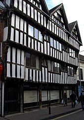 Tudor building with jettied upper storey in New Street Tudor New St Worcester.JPG