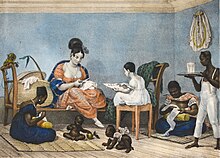 Depiction of Slavery in Brazil, before 1823 Une Dame d'une Fortune Ordinaire dans son Interieur au Milieu de ses Habitudes Journalieres, by Jean-Baptiste Debret 1823.jpg