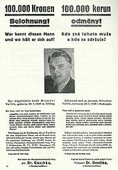 Reward poster for Josef Valcik, one of the assassins of Reinhard Heydrich Valcik za 100 000 Kc.jpg