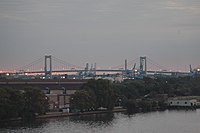 Walt Whitman Bridge crosses the Delaware, connecting Philadelphia and Gloucester City, New Jersey.