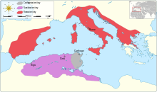 a map of the western Mediterranean with the territories of Numidia, Carthage and Rome shown