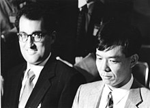 Edward Witten (left) with mathematician Shigefumi Mori, probably at the ICM in 1990, where they received the Fields Medal Widden Mori.jpg