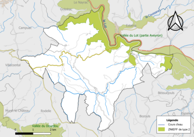 Carte de la ZNIEFF de type 2 de la commune.