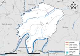 Carte en couleur présentant le réseau hydrographique de la commune