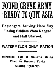 Greek Refugees' testimony in NY Times arriving to New York on the 2nd of October 1922 said that the Greek "soldiers as well as civilians confirmed that the central part of the town of Smyrna, the oldest, which was built chiefly of wood, was fired by the Armenian and Greek inhabitants before they fled so that the Turks should not enjoy the property they were forced to leave behind them." A New York Times article from October 3, 1922..png