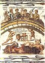 Mosaico satírico da primeira metade do século III encontrado em Tisdro (atual El Jem) que faz lembrar um cartoon com balões escritos em latim
