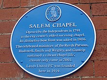 Blue plaque commemorating the foundation of Leeds United in 1919 Blue plaque, Salem Chapel, Leeds (19th July 2014).JPG