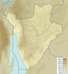 Mapa konturowa Burundi, blisko centrum na lewo znajduje się czarny trójkącik z opisem „Heha”