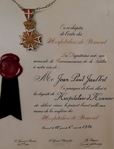 Certificat d'intronisation en tant qu'Hospitalier d'Honneur de l'ordre des Hospitaliers de Pomerol, juin 1976