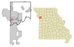 奥克伍德在克莱县及密苏里州的位置（以红色标示）