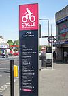 Destinations of CS7 in the style of a tube line, on a large upright sign.