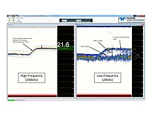 A screen grab of the difference between single and dual frequency echograms DF SBES Wiki.jpg