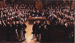 Bildo festante la pasigadon de la Reformleĝo en 1832.
Ĝi prezentas la unuan sesion de la nova Burĝĉambro la 5an de februaro 1833