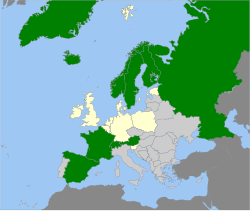 Vihreällä Euroopan maat, joissa lajia tavataan.